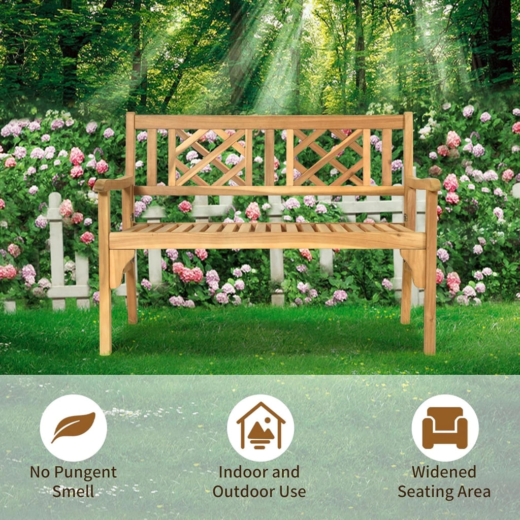 Panchina da Giardino in Legno di Acacia, Panca Pieghevole 2 Posti, con Schienale e Braccioli, Panchina Rustica, Naturale