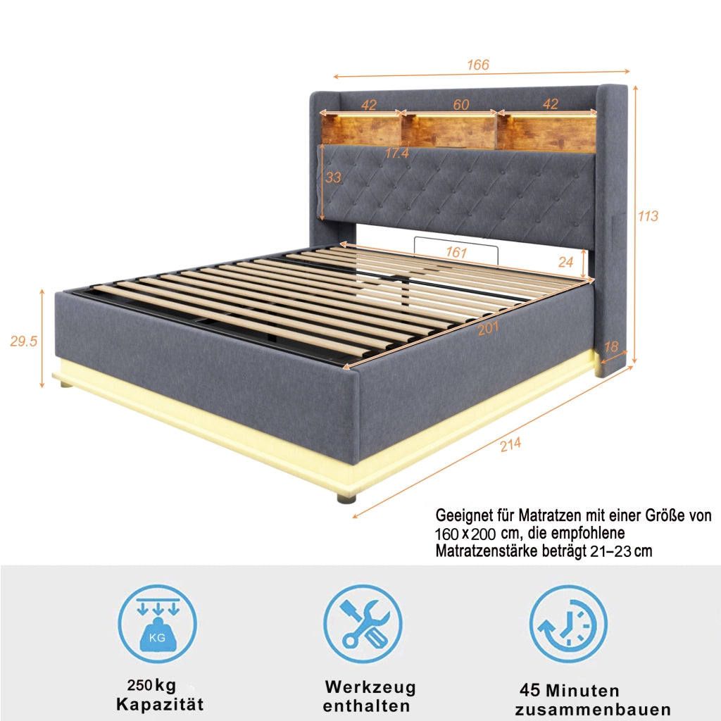Letto Contenitore 160 x 200 cm con LED; USB e vano idraulico in Tessuto Grigio