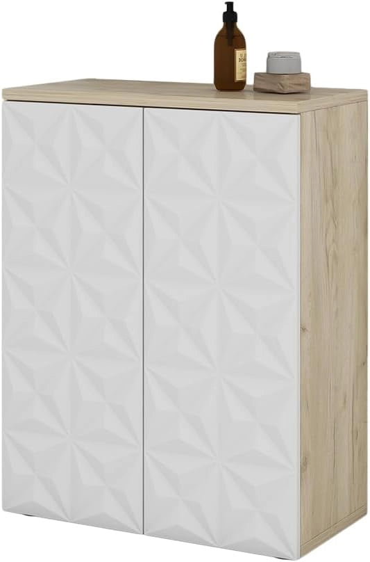 Mobiletto bagno Edge, Bianco, 60 x 79.5 cm con 2 ante e 3 scomparti, per la conservazione in bagno con meccanismo push-to-open