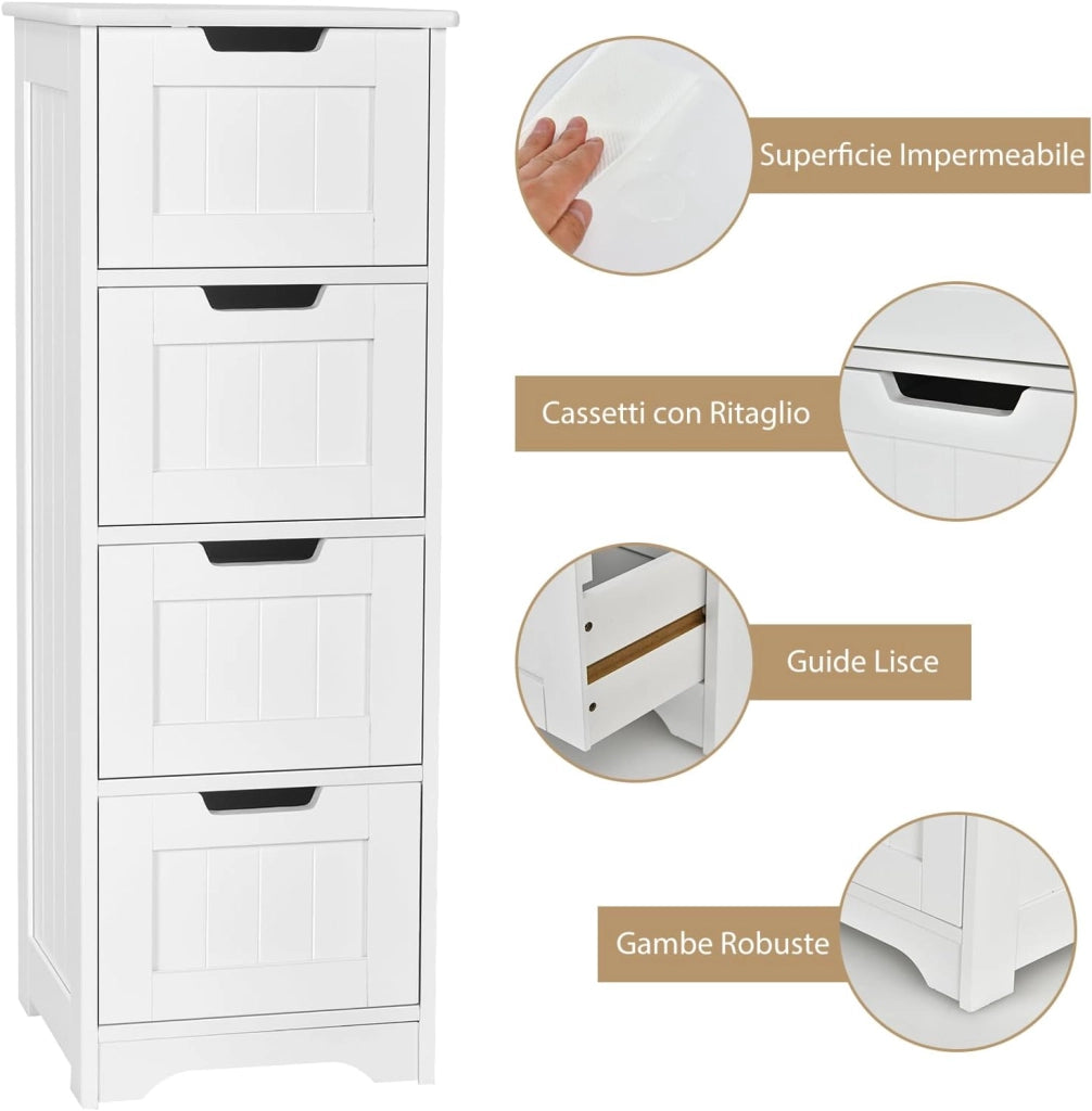 Mobile da Bagno con 4 Cassetti, Mobile Autoportante da Terra per Bagno, Mobiletto Multiuso da Soggiorno Cucina Camera da Letto Ufficio, Stile Moderno, Bianco, 30 x 30 x 83 cm