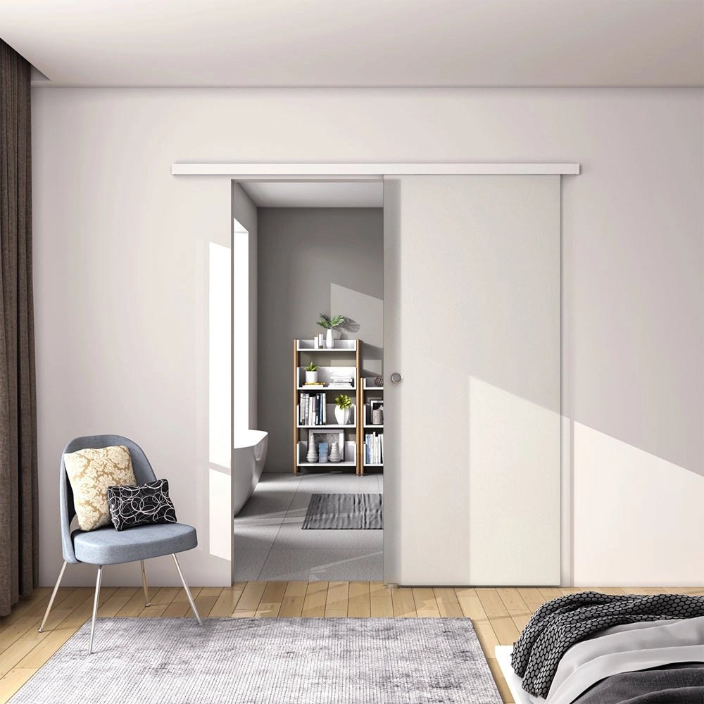 80x225 cm Porta Scorrevole in Vetro da 8 mm Temperato Opaco con Pellicola Anti-frantumi con Binario in Alluminio Bianco Verniciato