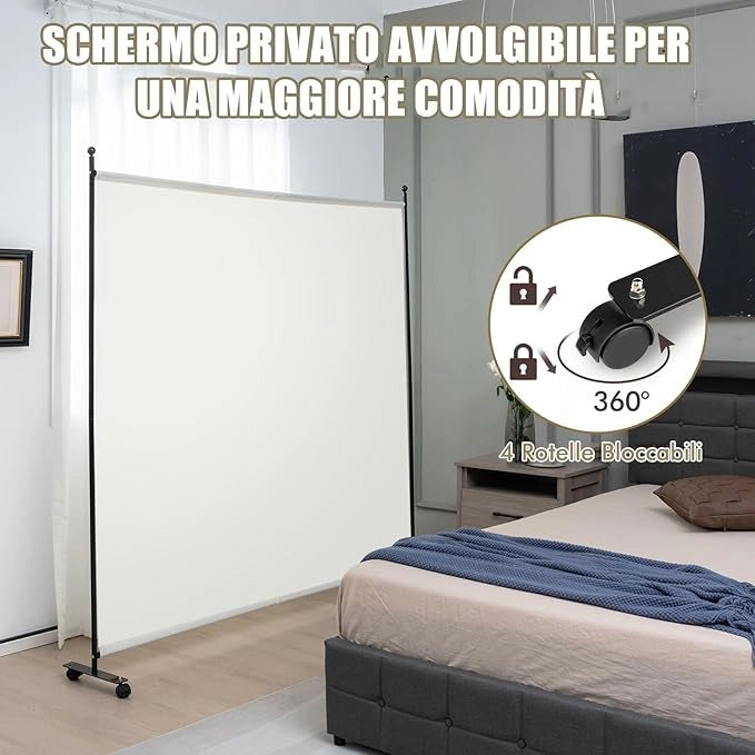 Separé Divisorio Singolo 184 x 184 CM, Paravento da Interno ed Esterno con Ruote Bloccabili, Pannello Divisorio per Ambienti Interni Portatile da Soggiorno Camera da Letto e Ufficio (Bianco)