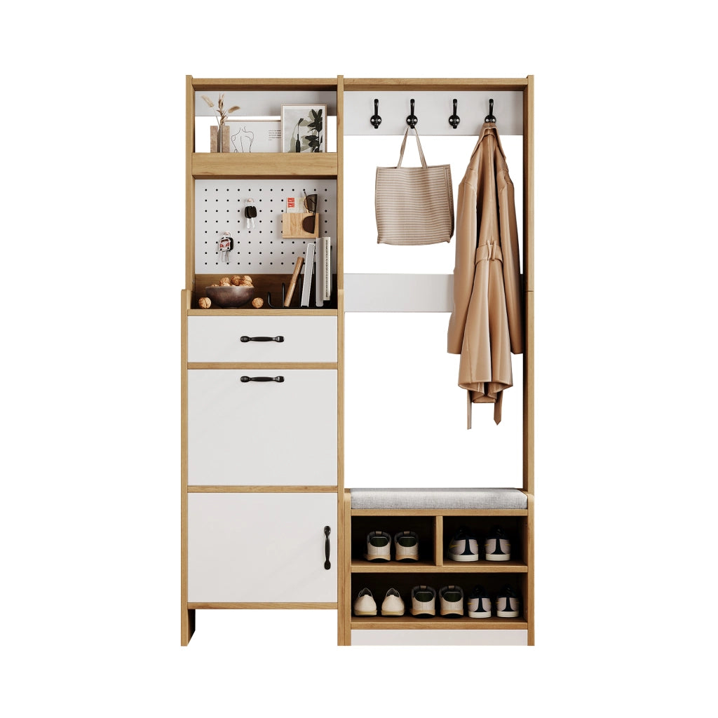 Garderoba da ingresso multifunzionale con scarpiera, panca e appendiabiti, 108,5 x 35 x 180 cm, bianco e naturale