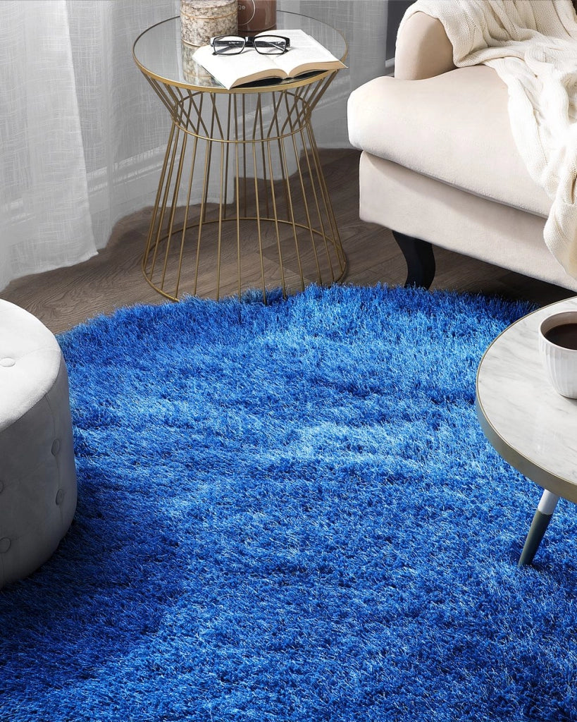Tappeto Shaggy a pelo lungo in poliestere blu tinta unita rotondo 140 cm