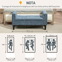 Panca Fondoletto Braccioli Trapuntati e 2 Cuscini 115,5x45x56 cm in Ciniglia e Legno Grigio-Blu e Nero