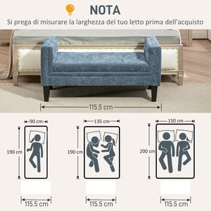 Panca Fondoletto Braccioli Trapuntati e 2 Cuscini 115,5x45x56 cm in Ciniglia e Legno Grigio-Blu e Nero