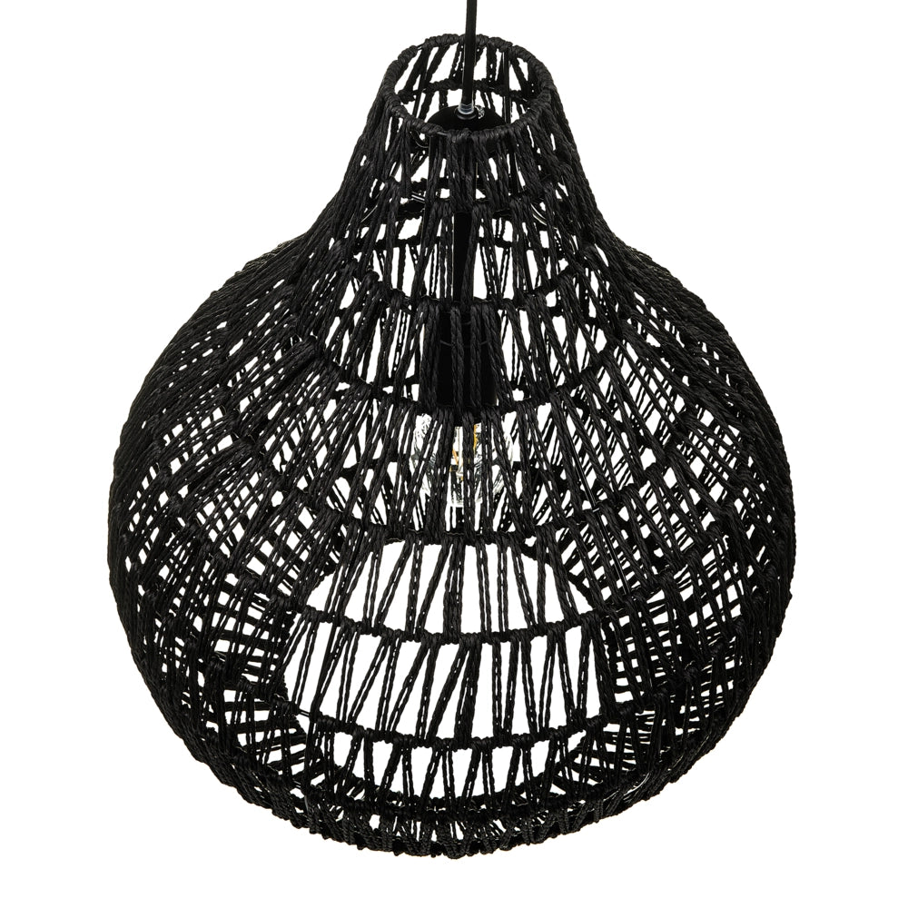 Lampadario in Carta Nero con Paralume Intrecciato Rotondo Stile Boho