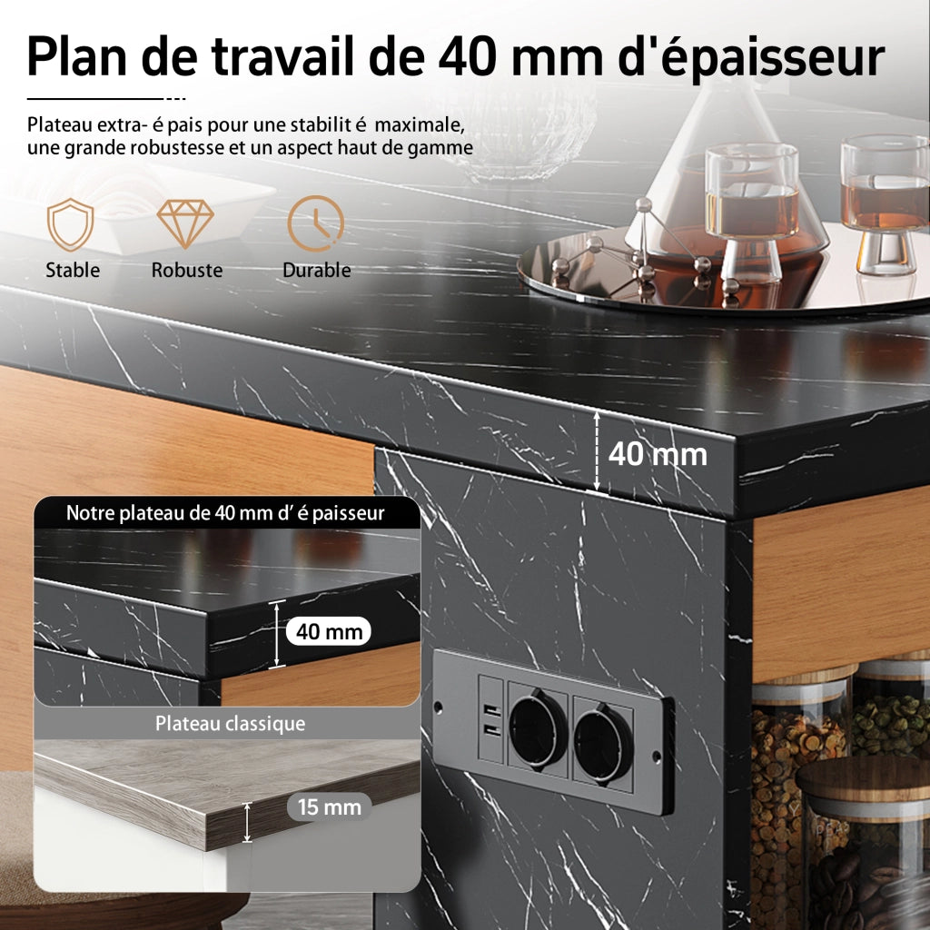 Carrello da cucina con 3 vani aperti; prese 2 AC 2 USB e LED; per cucina e sala da pranzo; 155 × 80 × 90 cm