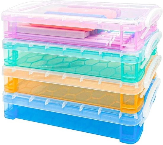Pacchetto da 4 pennelli, cassetta per pennelli trasparente, stivabile, formato 20,5 x 9,5 x 4 cm, organizzatore per pennelli per bambini e ufficio