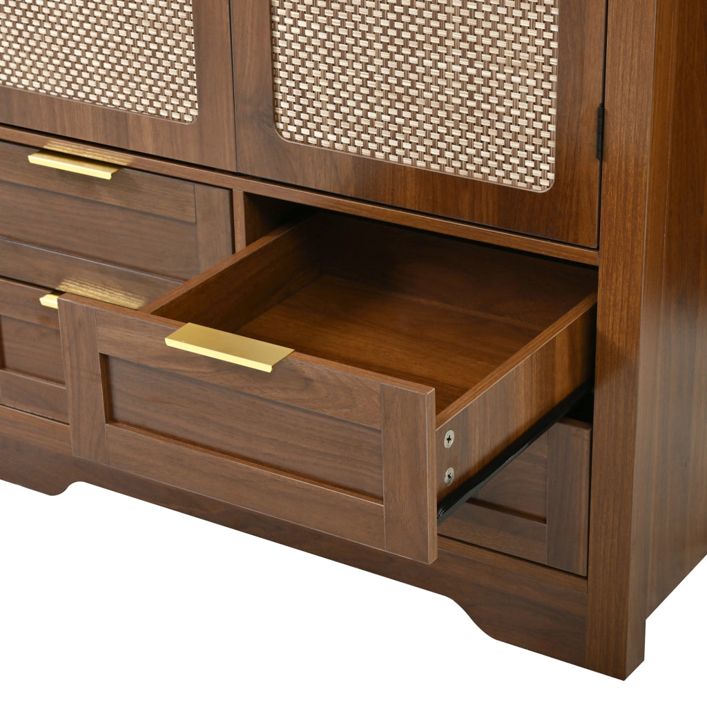 Armadio 80x50x179 cm con ante curve e pannelli in rattan; in MDF noce