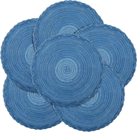 Piatti di accoglienza a forma rotonda resistenti al calore intrecciati - set da 6 - blu - 38 cm - lavabili