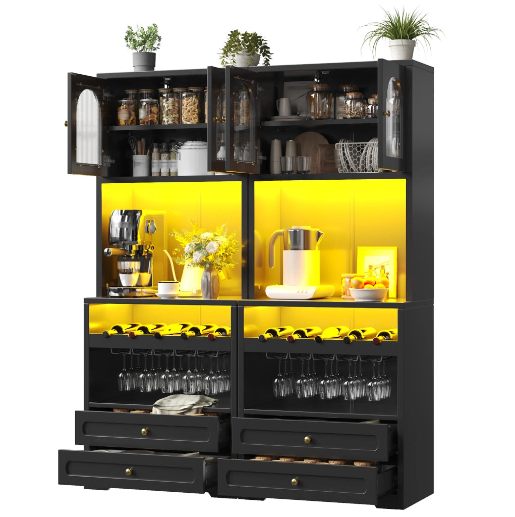 Credenza alta nera con LED smart, portabottiglie e USB