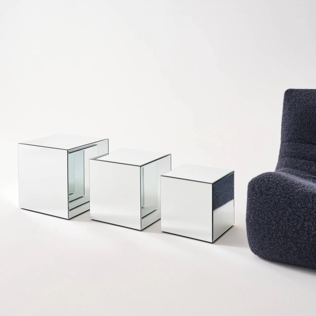 Tavolino, lato del divano, cubo a specchio 35cm, transparent