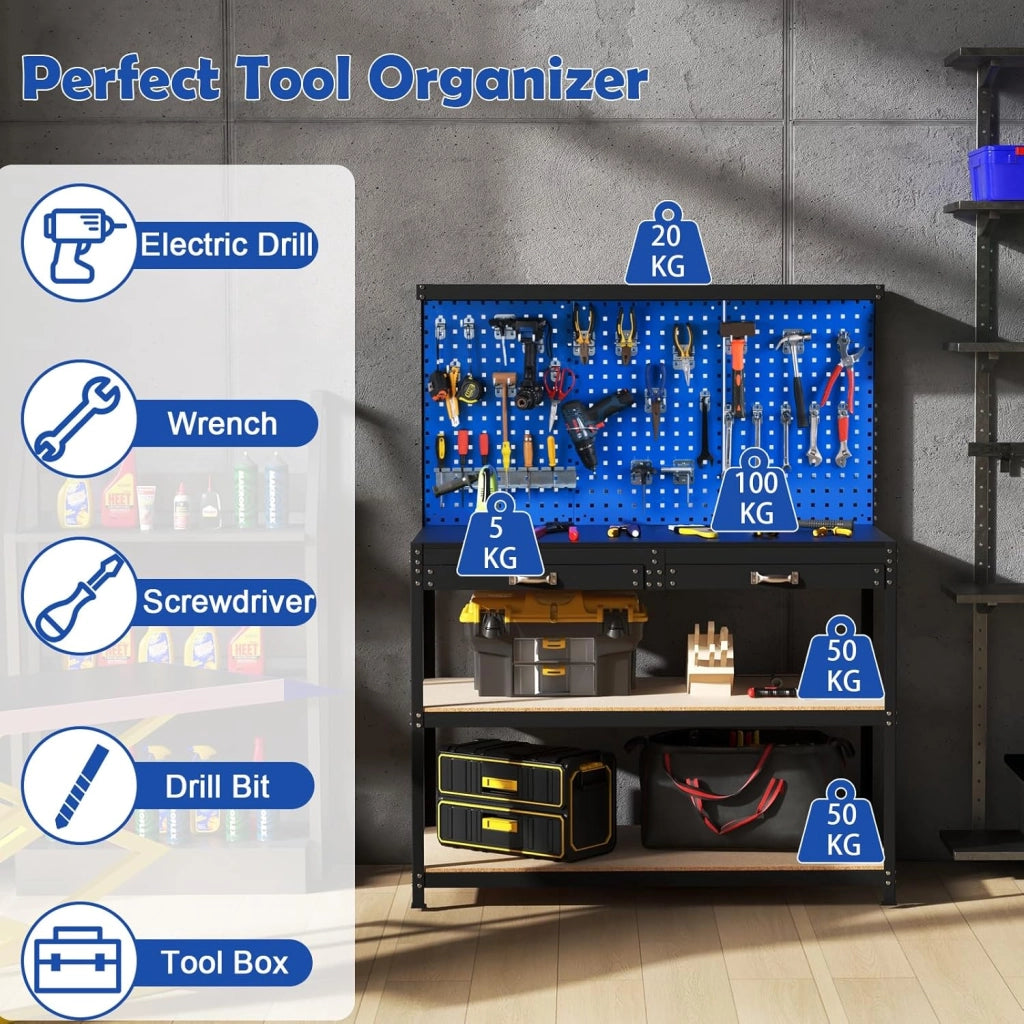 Banco da Lavoro, Organizer per Attrezzi in Metallo con 3 Pannelli Perforati con Kit di 24 Ganci, 2 Cassetti e 2 Ripiani, Banchi da Lavoro per Officina, Garage (Blu, 121 X 61 X 156 CM)