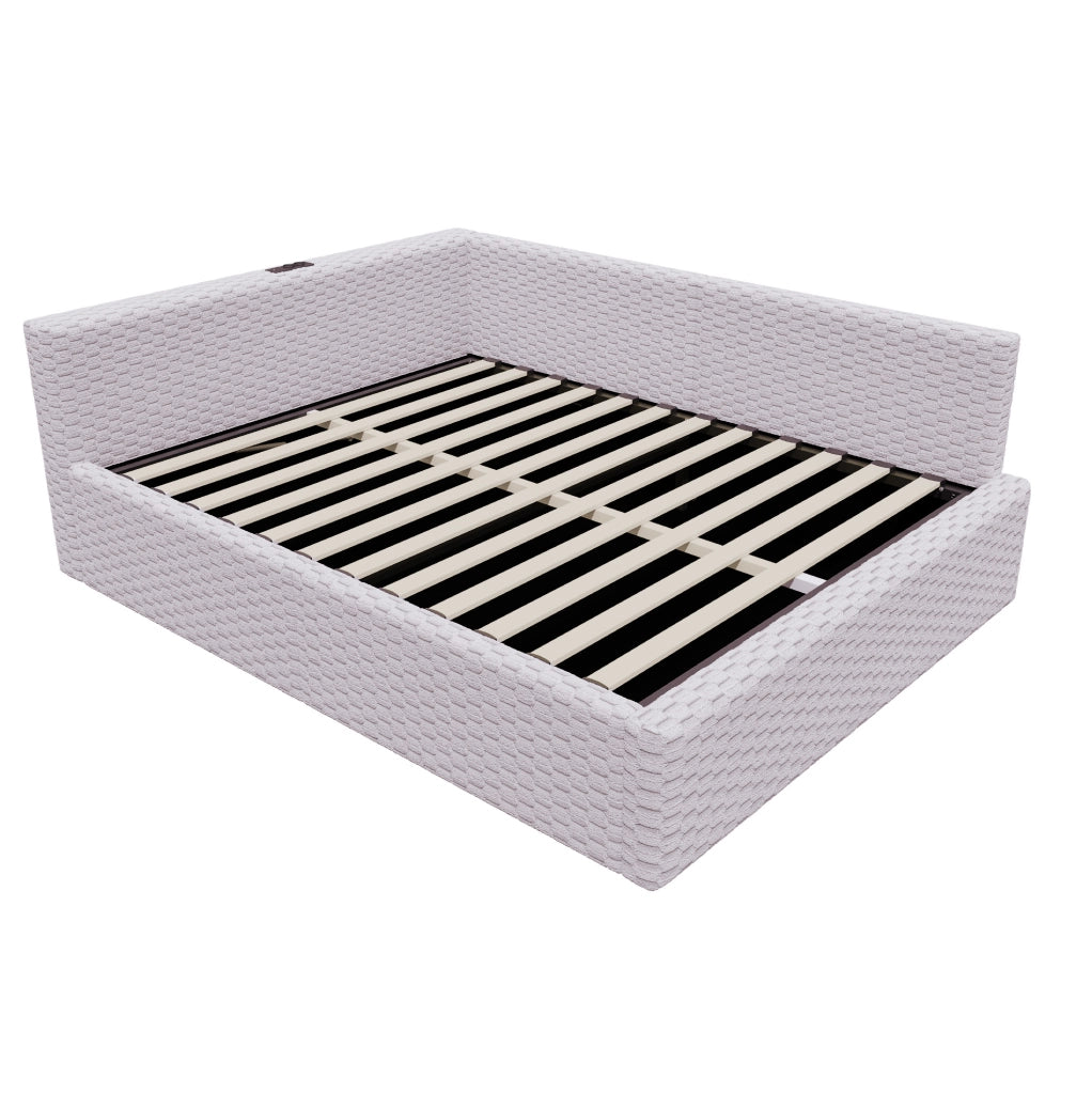 Letto imbottito ULEVR 140x200 cm con contenitore idraulico, LED, USB e Type-C, velluto grigio