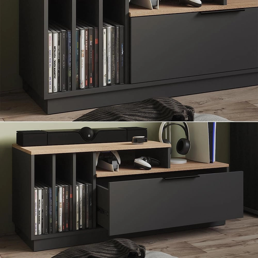 Lavagna Betti, Antracite/Sonoma, 120 x 49.9 cm con 1 porta, adatto per TV fino a 55 pollici e accessori multimediali