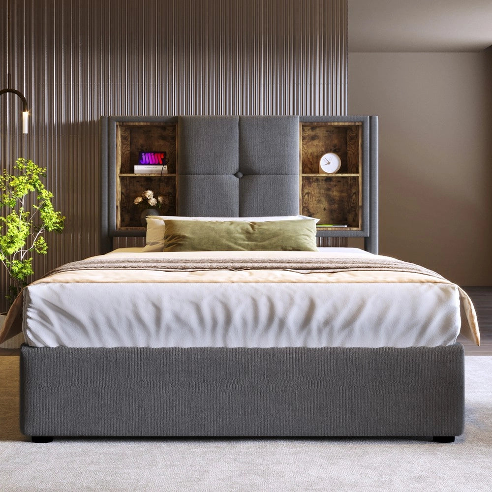 Letto Singolo Imbottito con Contenitore e Rete a Doghe ¨C MINIMAL ¨C Grigio, 90x200