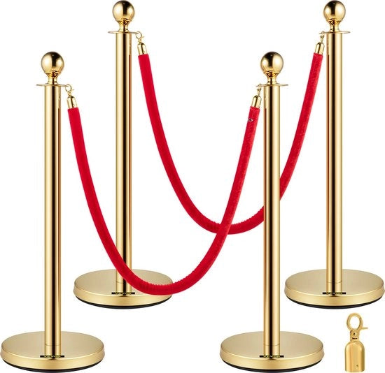 Barriere per Controllo della Folla - Barriere per Controllare la Folla - Stanchioni in Acciaio Inox - Banchi in Oro - Maniglie in Velluto - 4 Pezzi - 1,5 m - Rosso