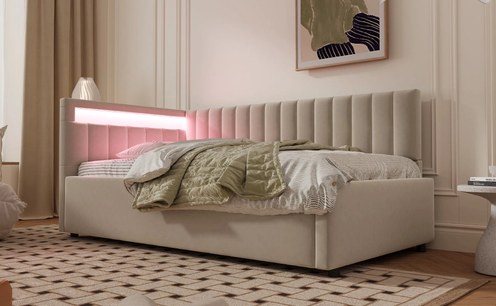 Letto poltrona con illuminazione LED e vano contenitore idraulico in velluto beige 90x200 cm