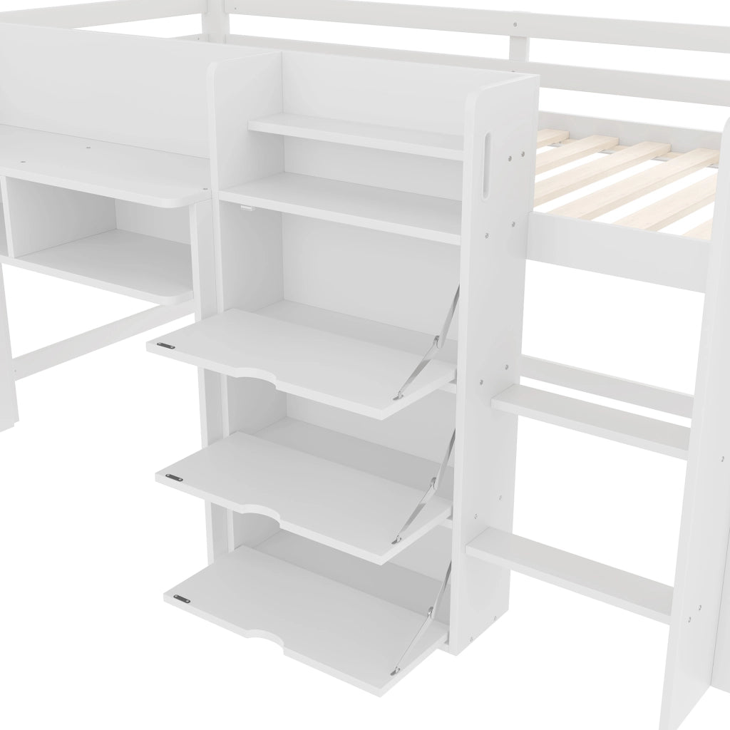 Letto a soppalco basso 90x200 cm con vano contenitore, scala e struttura in legno, bianco