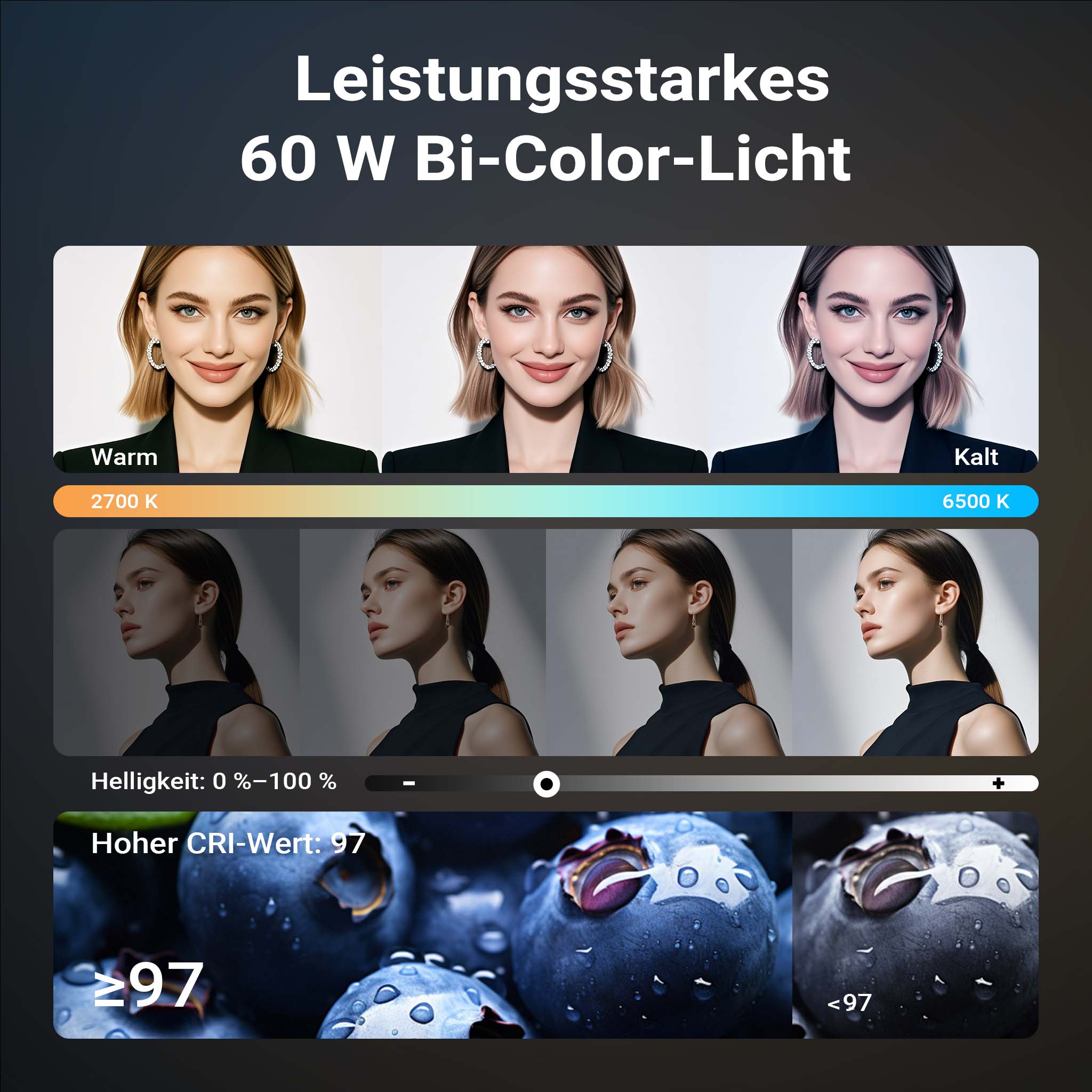 Multiblitz MB-PL Luce led portatile per fotografia 60W, Bicolore con temperatura da 2700K a 6500K, Batteria ricaricabile USB