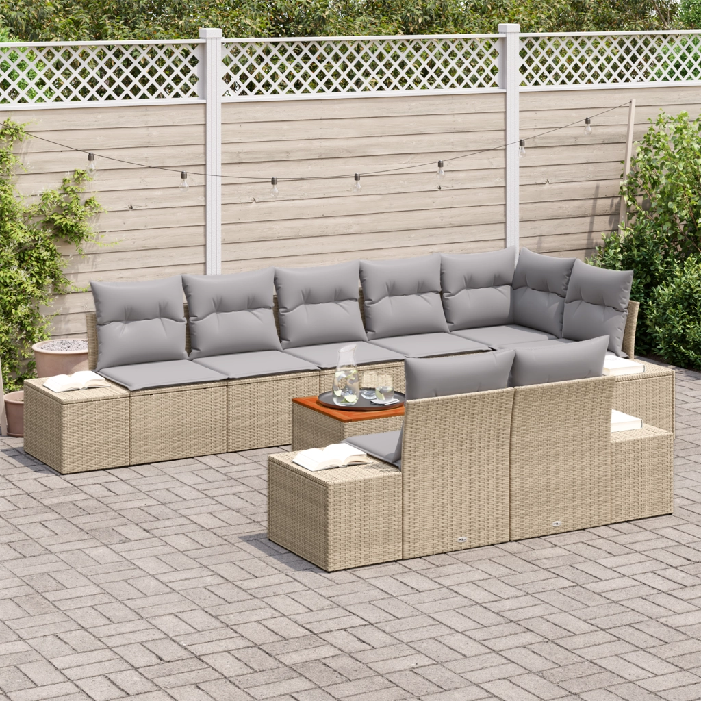 Set di divani da giardino 9 pezzi con cuscini Beige Polyrattan Acacia