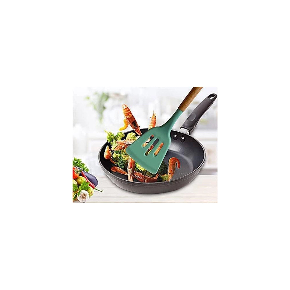 Trade Shop - Set 12 Utensili Da Cucina In Silicone Con Manico Legno Antiaderenti Resistenti -