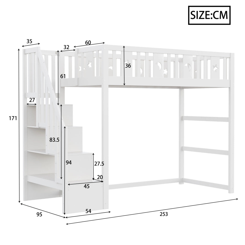 Letto a soppalco 90x200 cm bianco in legno con scala e ripiani