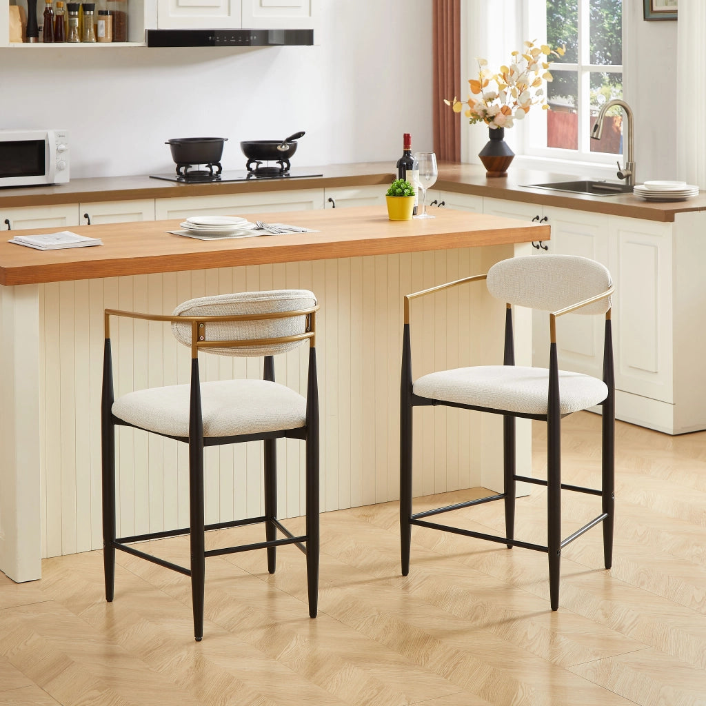 Set 2 Sgabelli da Bar con Braccioli Vintage ¨C MINIMAL ¨C Nero/Oro, Seduta in Tessuto Crema