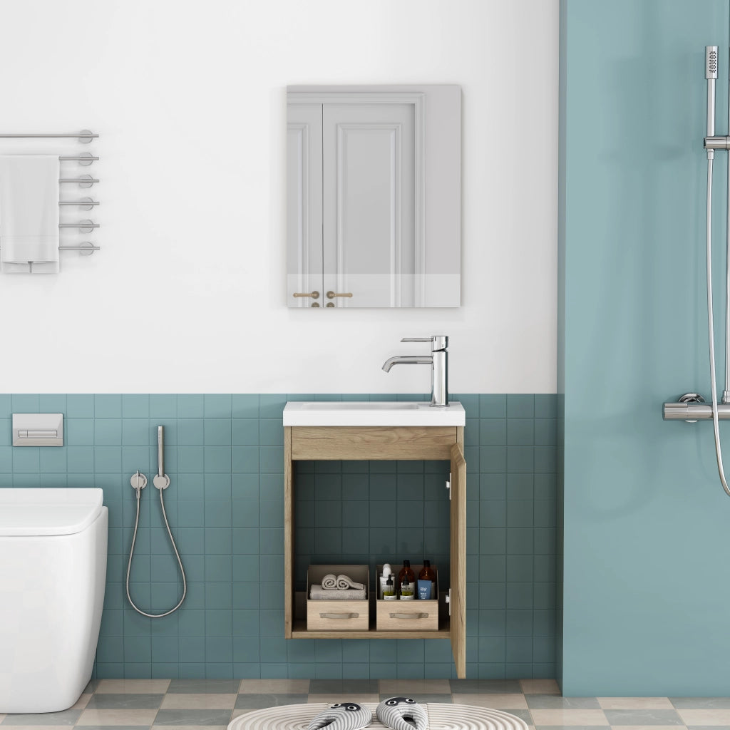 Mobile bagno sospeso con lavabo in ceramica e specchio; chiusura ammortizzata; per bagno; rovere; 45×34×58 cm