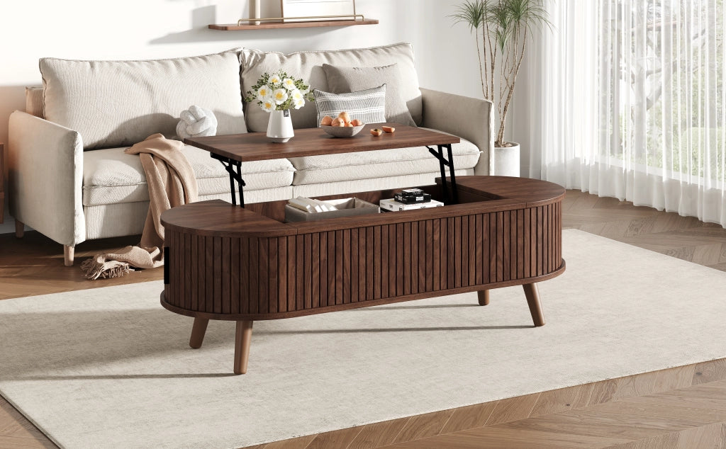 Tavolino basso sollevabile con vano contenitore nascosto e 4 vani, per soggiorno, in MDF, noce, 120 × 50 × 39,5 cm