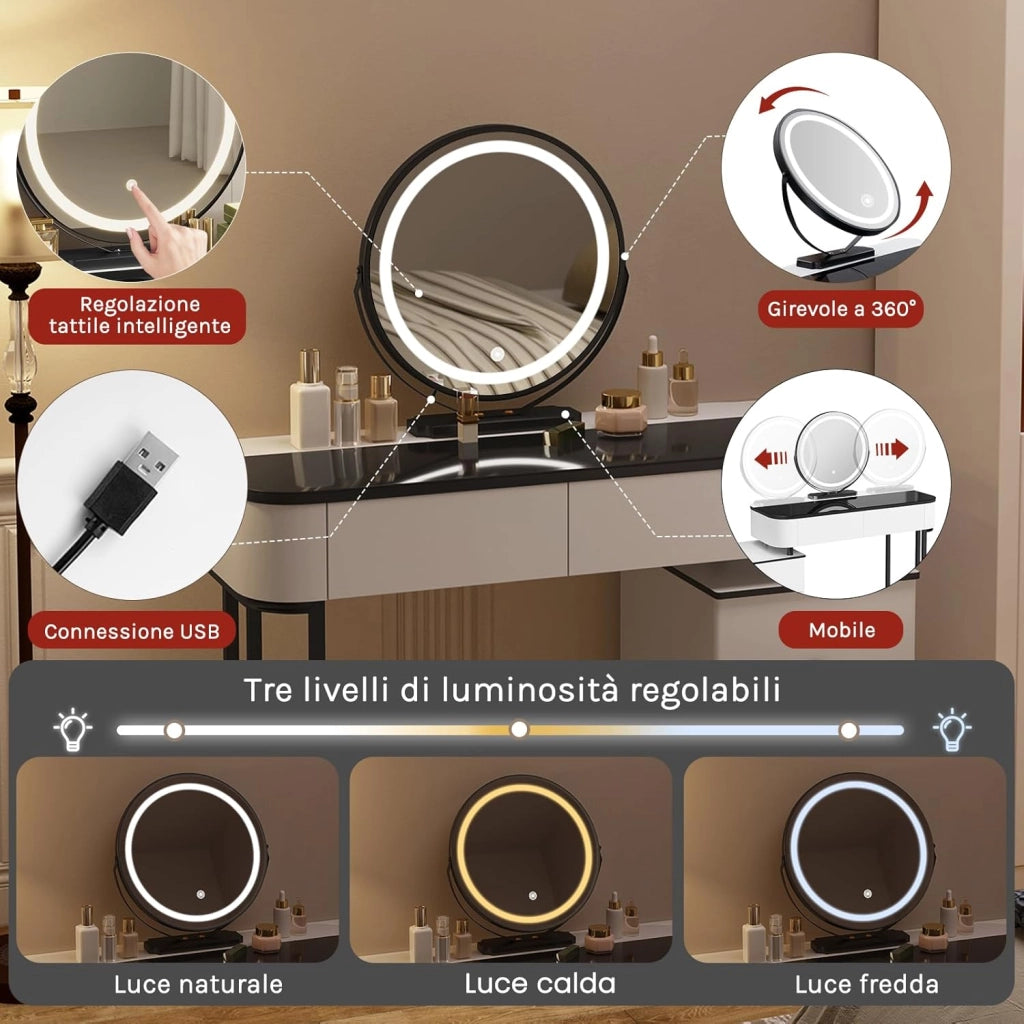 WOLTU Toeletta Trucco con Specchio LED Ø45cm, 3 Luci, 4 Cassetti, Tavolo da Trucco Moderno Bianco e Nero per Camera da Letto