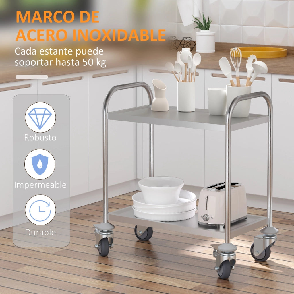 Carrello Cucina con 2 Ripiani e 2 Bracci ¨C Zephmum ¨C 80x45x82 cm Acciaio Inox