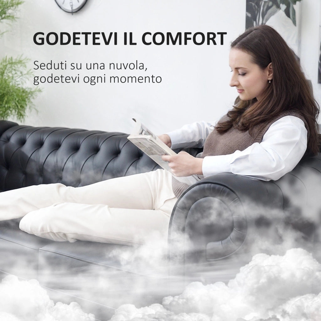 Divano 3 Posti Stile Chesterfield 213x86x79 cm a Molle Insacchettate in Finta Pelle Nero