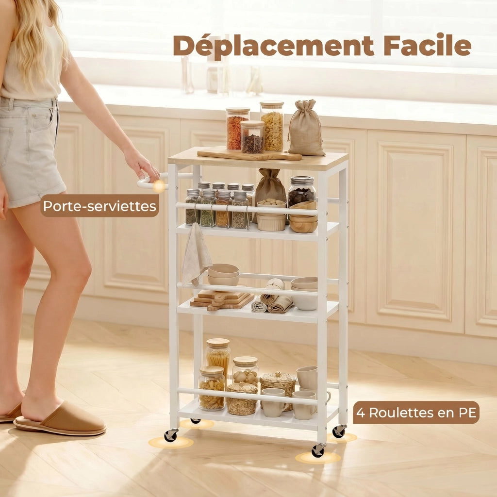 Carrello da cucina 4 livelli con porta asciugamani e 6 ganci ¨C Minimal ¨C 50x20x81 cm, quercia