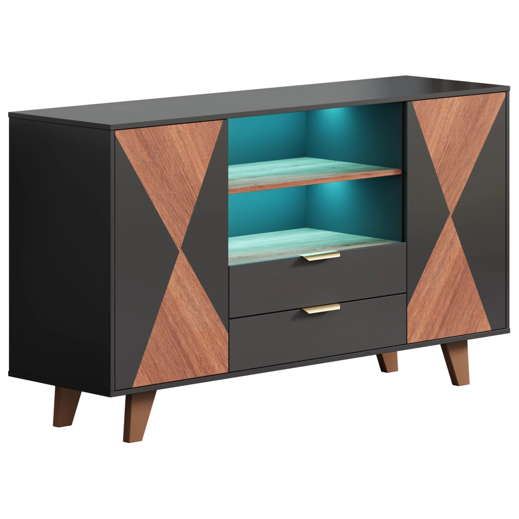 Credenza multifunzione con LED RGB, 2 cassetti, ripiani regolabili e vani aperti, 150 × 40 × 90 cm