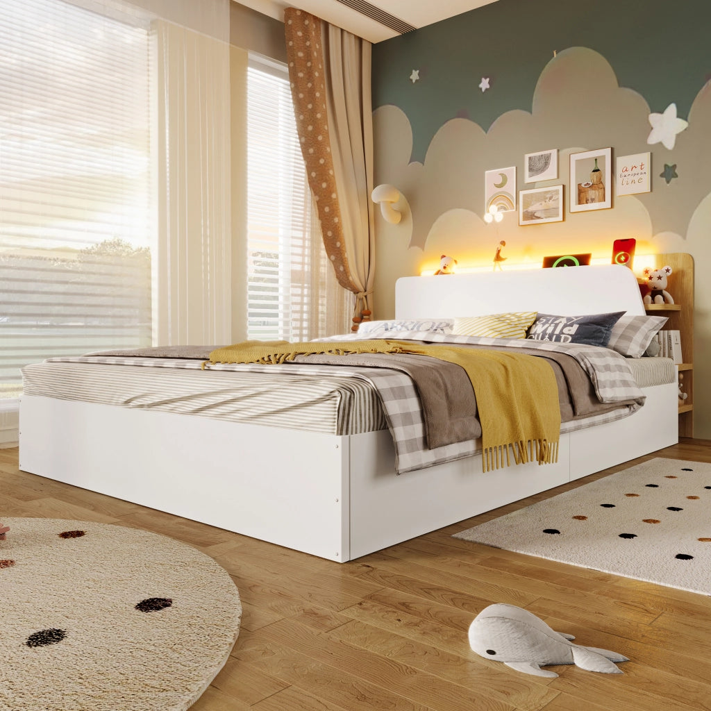 LETTO contenitore idraulico 140x200 cm pino bianco/naturale con USB Type-C e LED