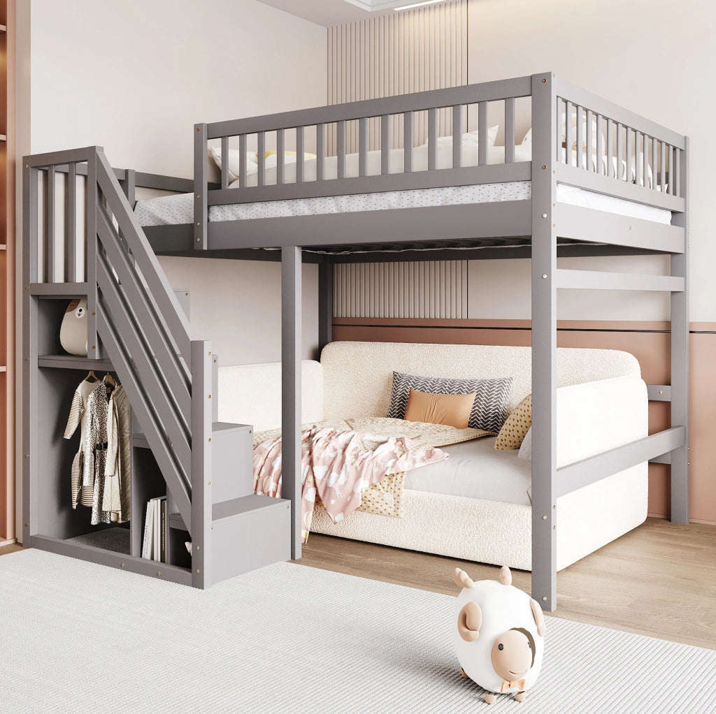 Letto rialzato per bambini 140x200 cm grigio in legno con scala contenitore