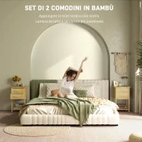 Set 2 Comodini con 2 Cassetti e Ripiano Inferiore in stile Nordico, in Bambù, 40x34x60 cm