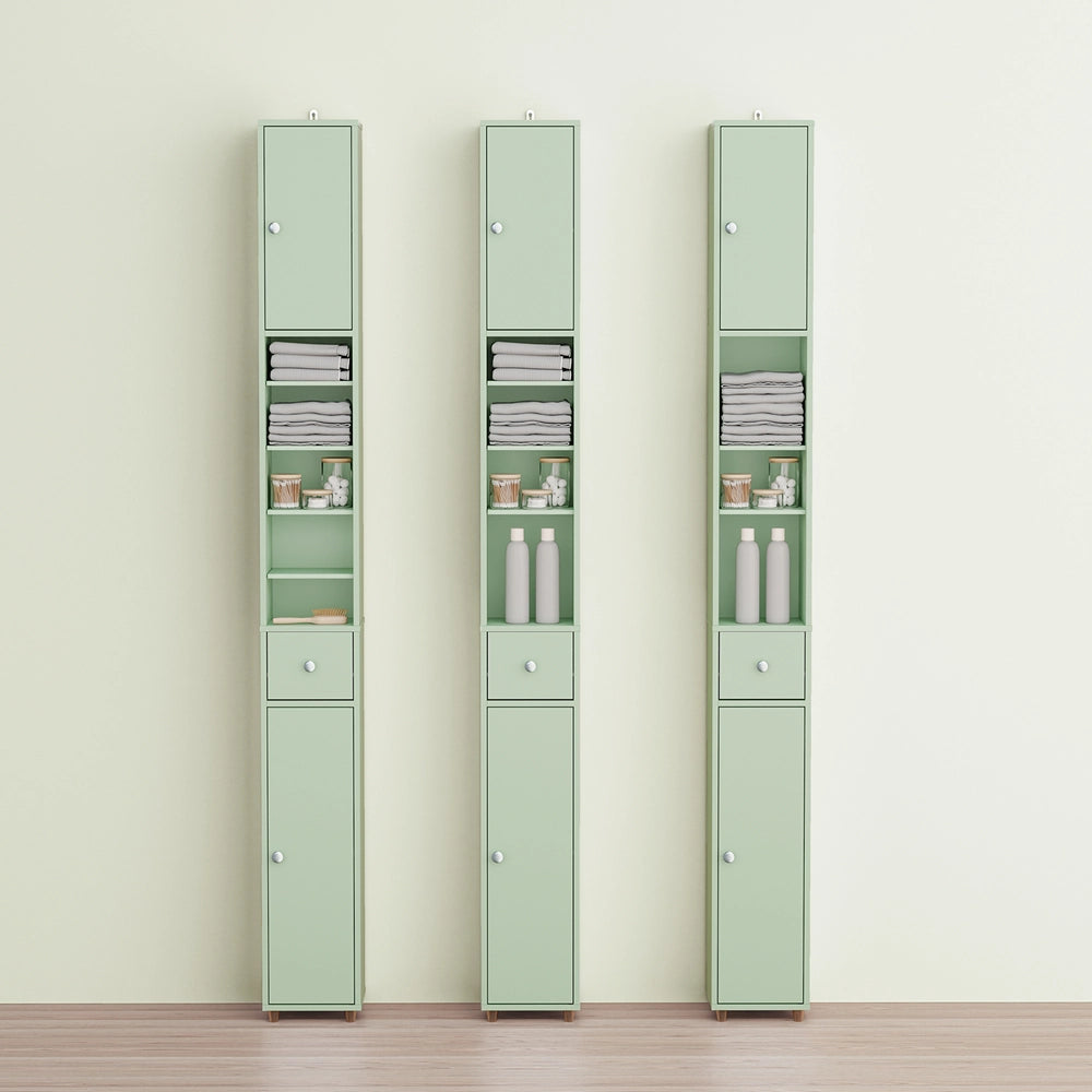 SoBuy Colonna Bagno Stretta – Mobile Bagno Idrorepellente, Alto con Ripiani Regolabili e Cassetto – Armadietto Salvaspazio, MDF, Verde Chiaro, 20x180x20cm, BZR34-II-GR