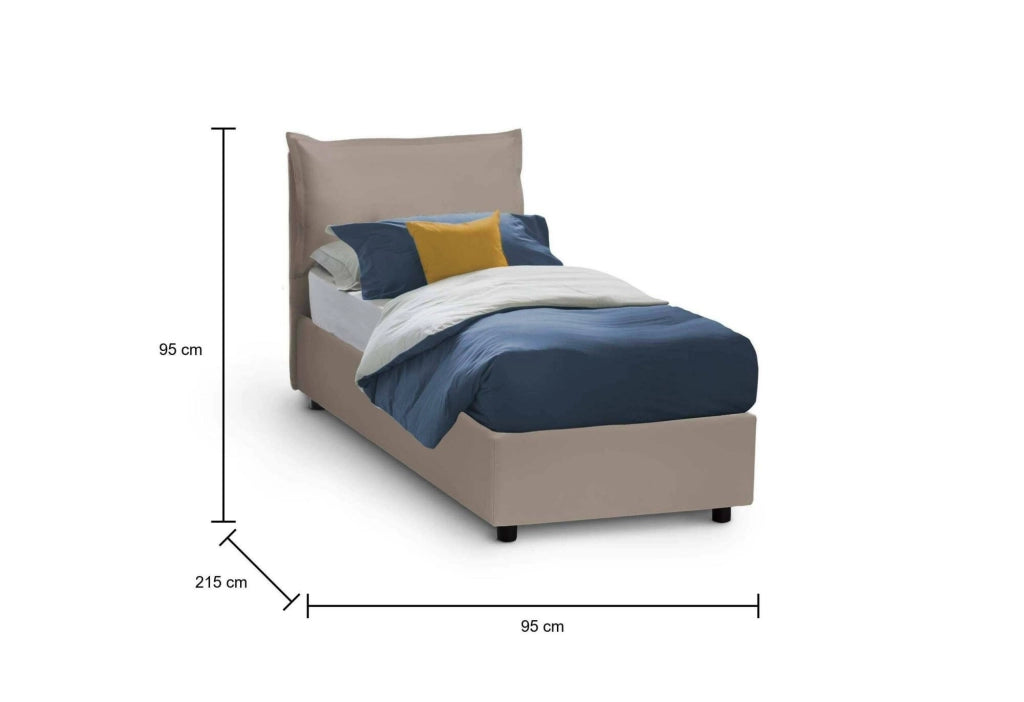 Letto singolo Delhi, Letto contenitore con rivestimento in ecopelle, Made in Italy, Apertura frontale, con materasso cm 80x200 incluso, Tortora
