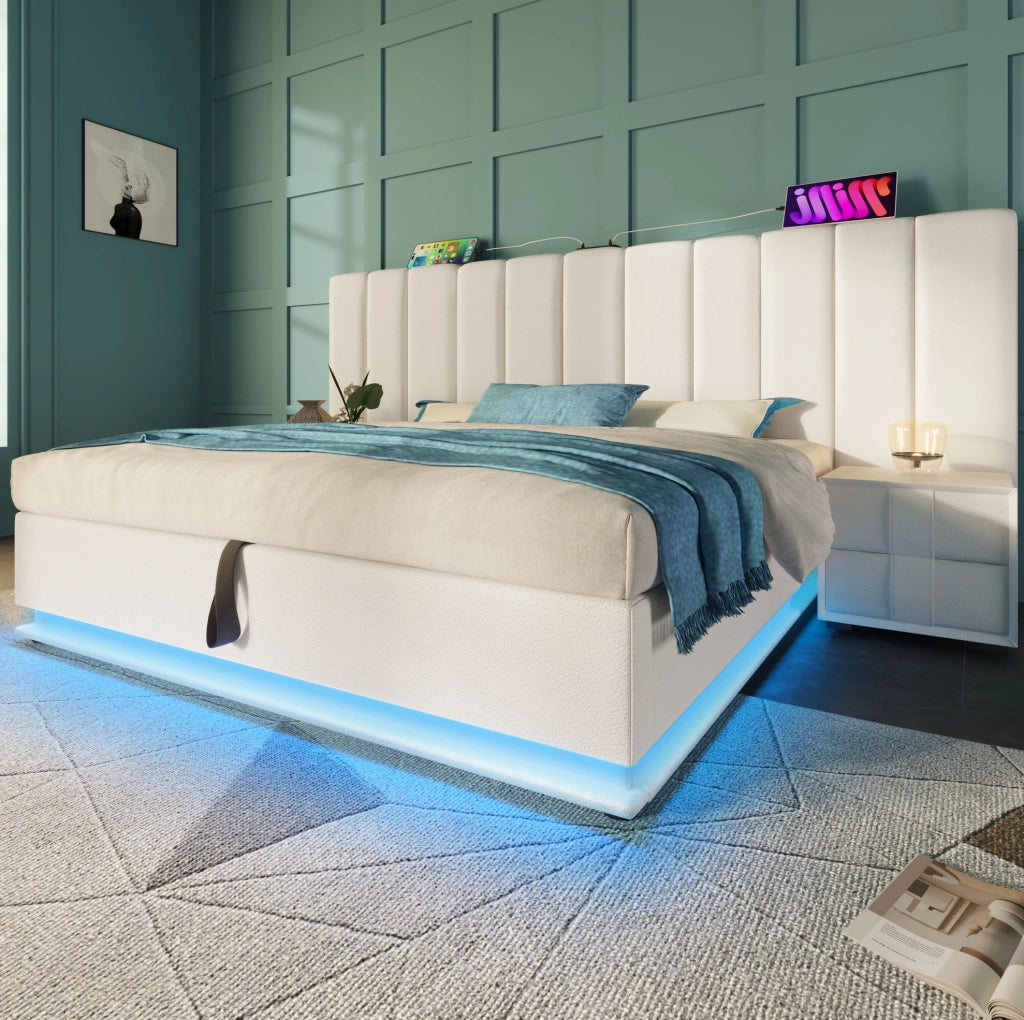 Letto matrimoniale imbottito ULEVR 160x200 cm con contenitore idraulico, LED, USB e Type-C, PU bianco