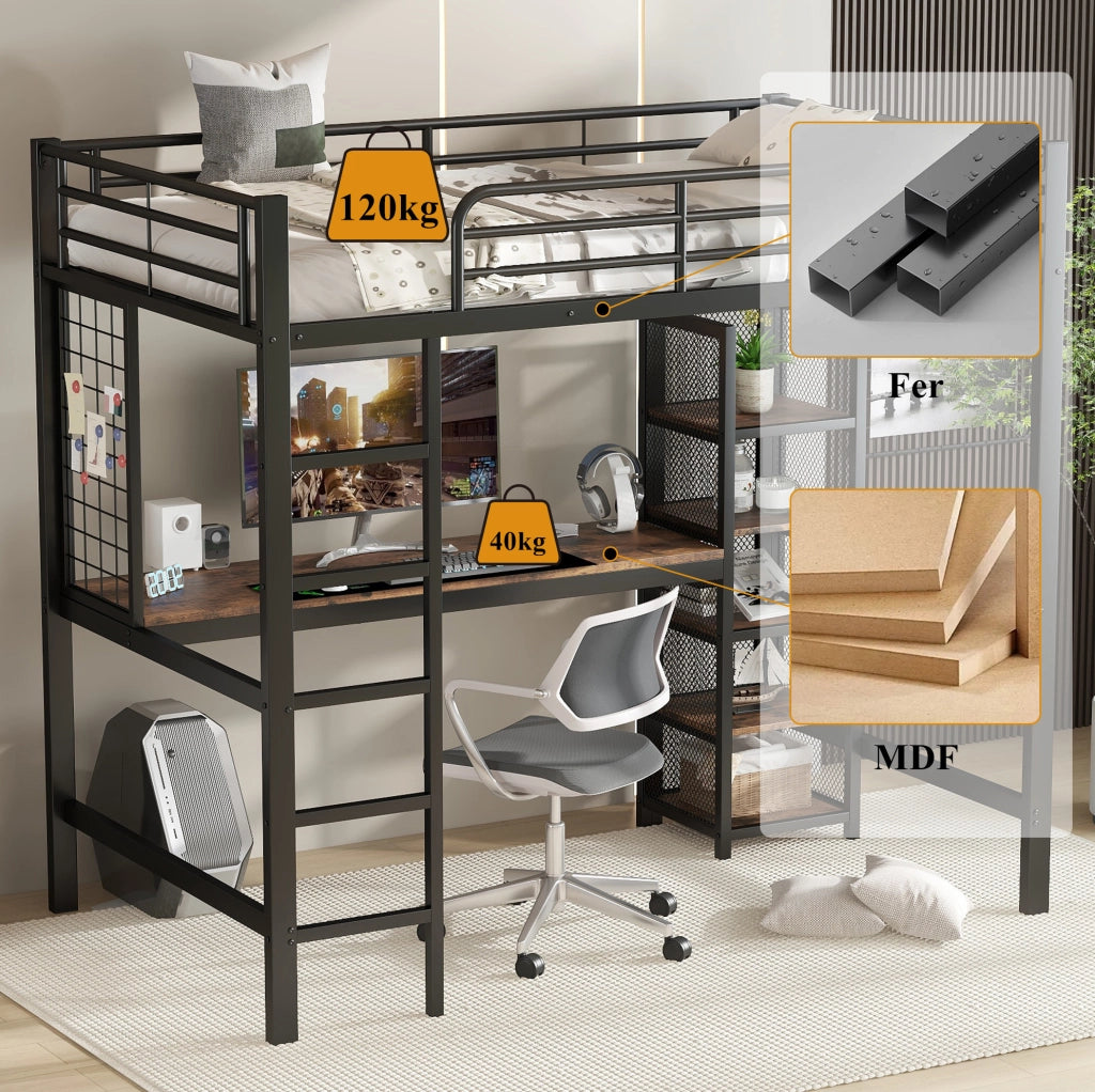 Letto a soppalco 90x200 cm con scrivania e scaffale; MDF e metallo; Nero e Noce Scuro