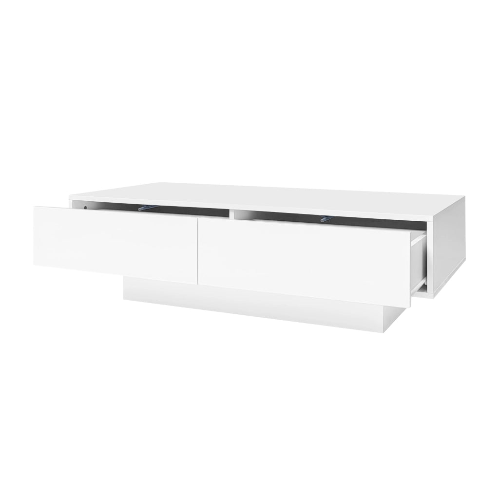 Tavolino da salotto moderno bianco lucido 115 x 55 x 34 cm con 2 cassetti, illuminazione LED e portata 30 kg