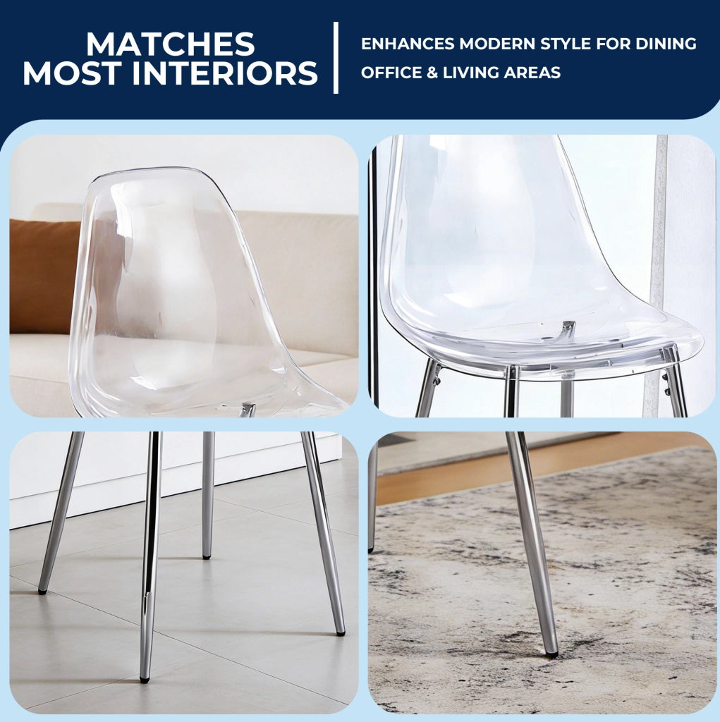 Set di 4 Sedie da Pranzo in Acrilico Trasparente con Gambe Argento Moderne