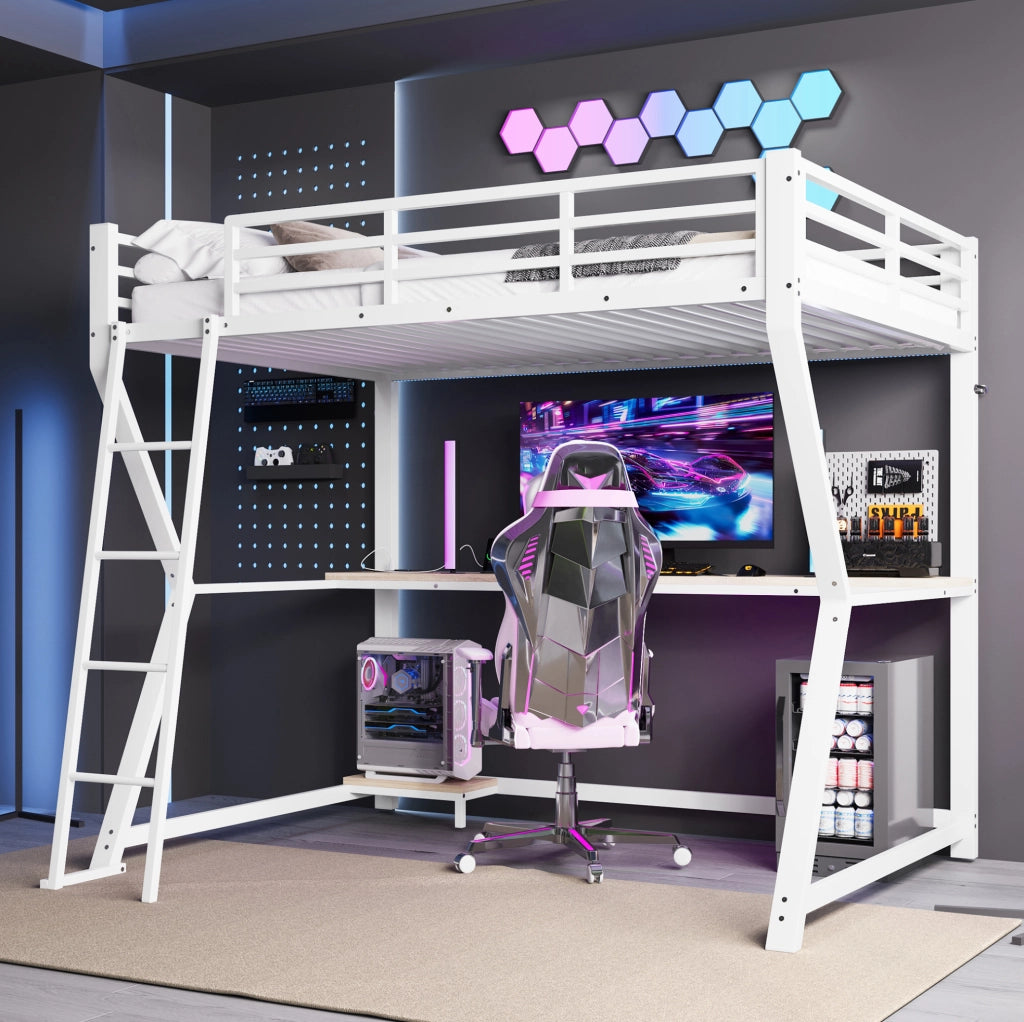 Letto a soppalco ULEVR 90x200 cm con scrivania, LED con telecomando, presa USB e scaletta, bianco