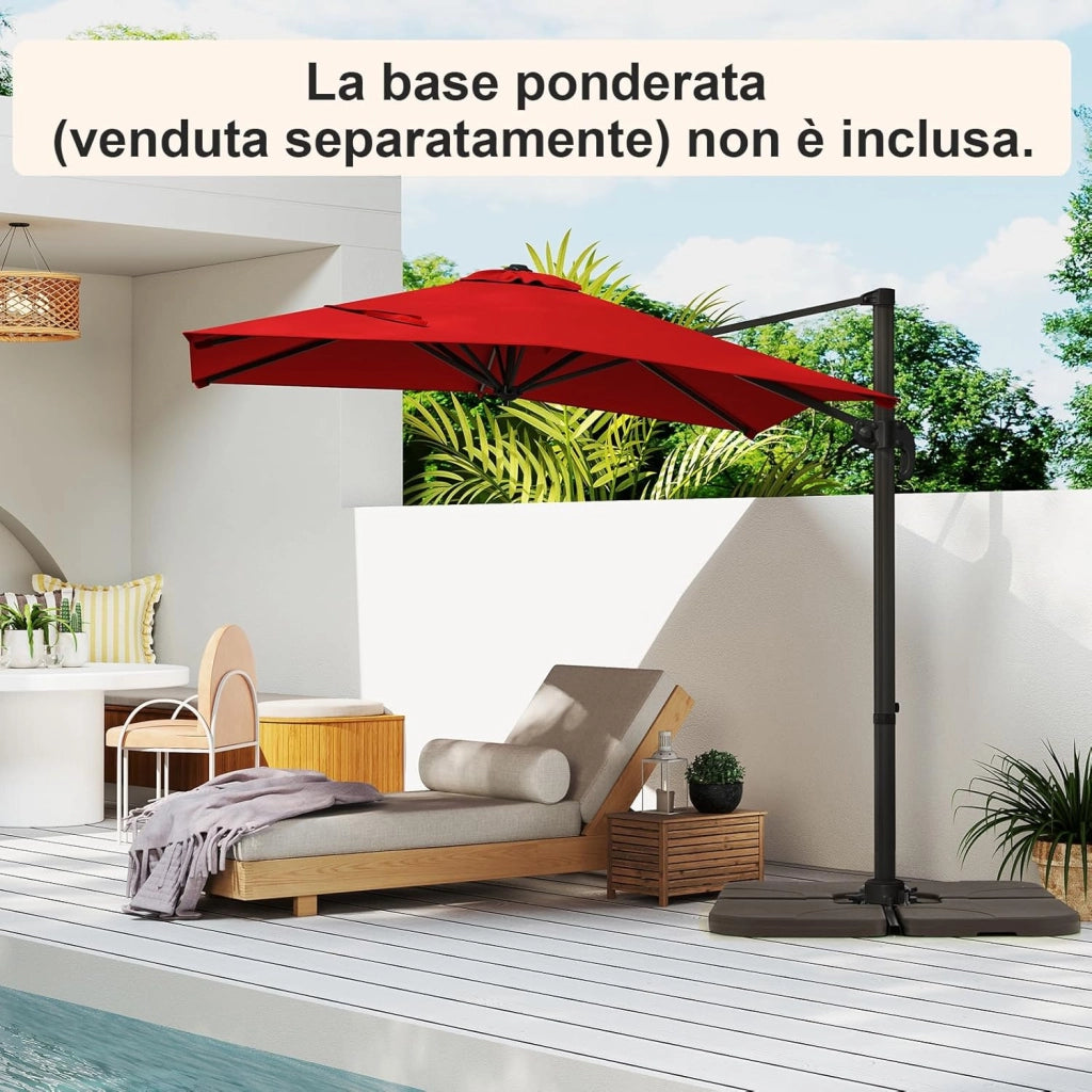 Ombrellone da Giardino 245 cm con Base, Ombrellone da Esterno Rotante a 360°, 5 Posizioni di Inclinazione Regolabili, 8 Stecche, Manovella, Palo in Alluminio, per Giardino Patio (Rosso)