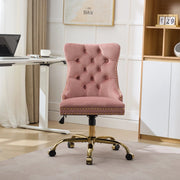 Sedia da ufficio girevole in velluto con base metallica dorata, seduta ampia e profonda, schienale capitonné rosa