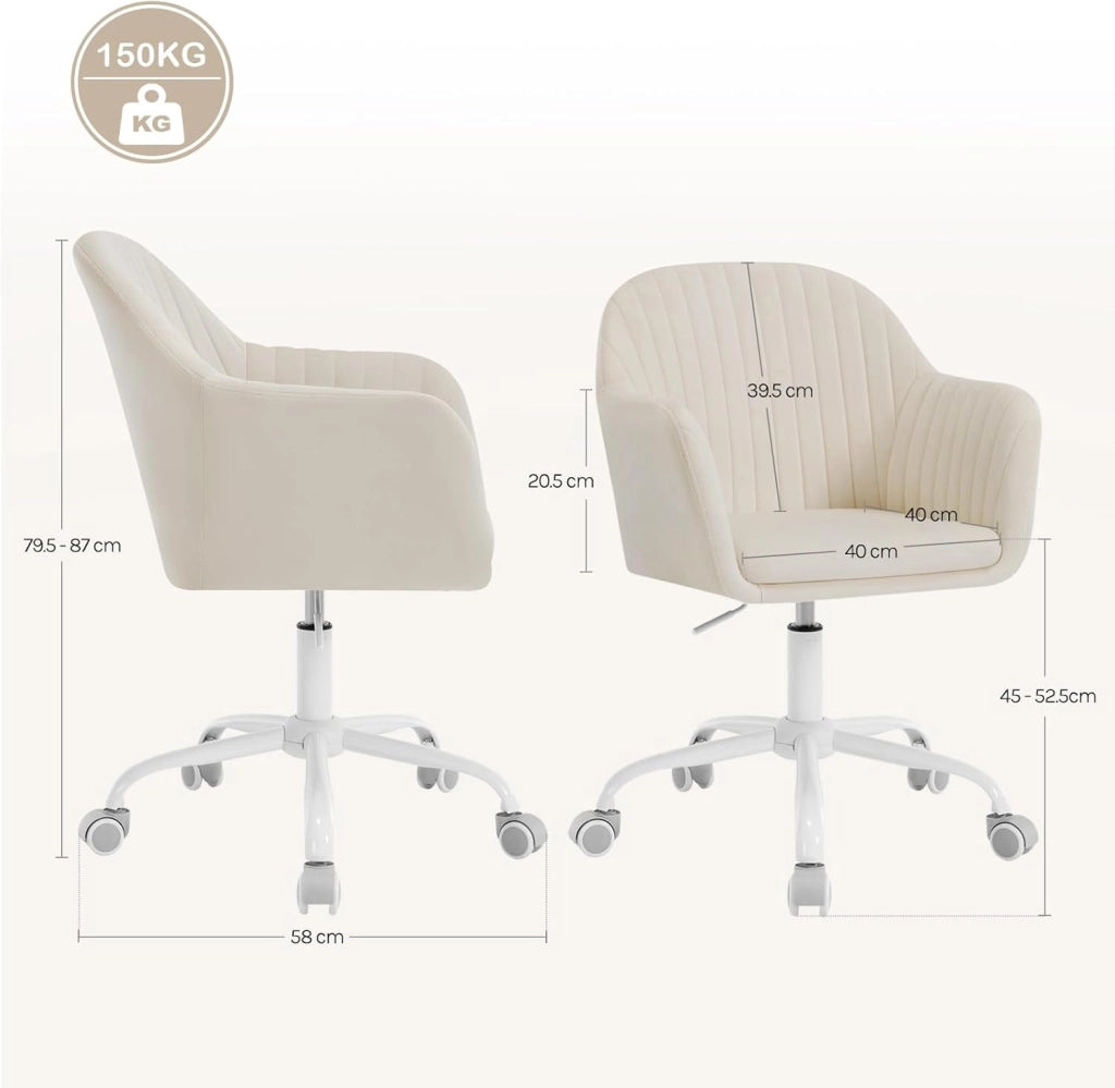 Poltrona Ergonomica da Ufficio, Sedia da Toeletta Girevole, in Velluto Imbottita, Regolabile in Altezza per Ufficio e Camera da Letto, Crema