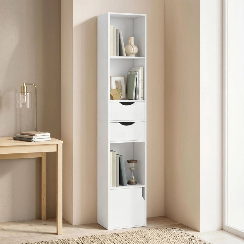 Libreria con 2 cassetti, libreria stretta con 3 ripiani a giorno, per ufficio, camera da letto, 30x24x158 cm, bianca